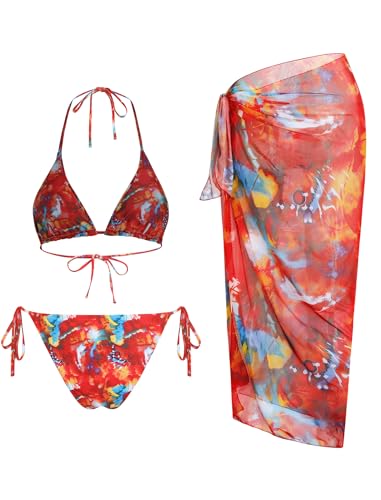 Image of ZAFUL Women's 3 Piece Swimsuit Floral Halter Triangle String Bikini Tie Side Bottom with Boho Cover Up Skirt