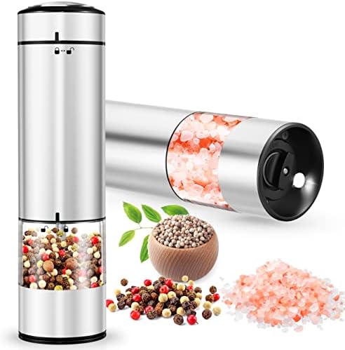 OUWMAN 2 Pack Electric Salt and Pepper Grinder Set, Automatic Stainless Steel Pepper Mill Grinder with Convenient One Hand Operation, LED Light, Adjustable Coarseness, Cleaning Brush, Battery Powered