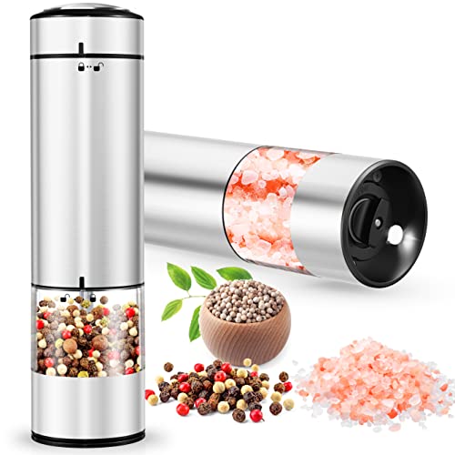 Ouwman 2 Pack Electric Salt And Pepper Grinder Set, Automatic Stainless Steel Pepper Mill Grinder With Convenient One Hand Operation, Led Light, Adjustable Coarseness, Cleaning Brush, Battery Powered #TOP2
