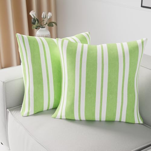 Image of Encasa XO Farmhouse Throw Pillow Covers Set of 2 (20x20 in) Franca Lime Stripes | Decorative Cushion Covers No Inserts | Plaid and Stripes Pillow Covers for Living Room, Couch