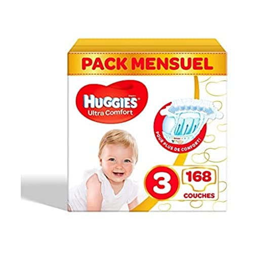 HUGGIES, Couches bébé Taille 3 (4-9 kg), 168 couches, Unisexe, Avec indicateur d’humidité, Pack 1 mois de consommation, Ultra Comfort