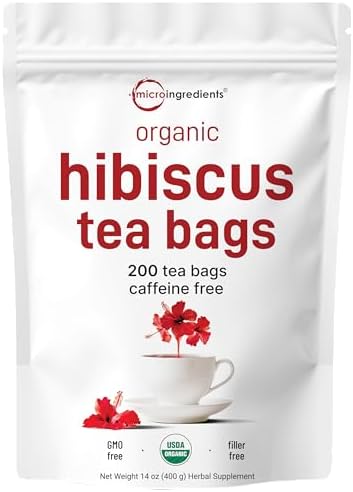 Organic Hibiscus Tea Bags, 200 Count | Premium Source from Hibiscus Flowers | Caffeine Free Herbal Tea | Eco-Friendly Hemp Paper Tea Bags | Non-GMO, No Sugar