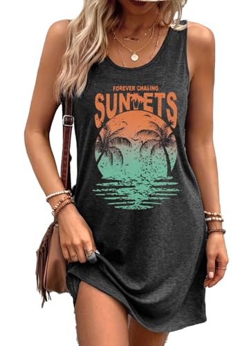 Image of Summer Tank Dress for Women Sunset Palm Tree Beach Vacation Cover Up