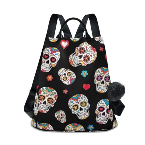 Mochila de calaveras coloridas para mujer con bolsillo antirrobo trasero elegante