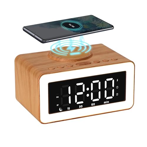 Keweiwo Bluetooth Alarm Clocks with Wireless Charging, 0-100% Dimmer LED Night Light, 2 Alarm Settings, 12/24H, 9 Mins Snooze, Wooden Digital Alarm Clock for Bedrooms, Office, Travel (Wood Grain)