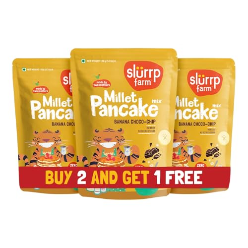 Image of Slurrp Farm No Maida Pancake Mix | Buy2Get1 Free | Instant Breakfast Mix Made with Oats and Jowar | 100% Vegetarian Eggless Healthy Breakfast for Kids & Adults | Banana Chocochip- Pack of 3 X 150g