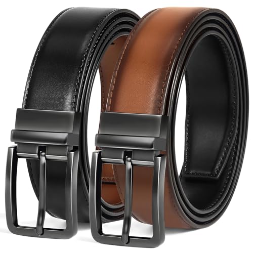 DENGFENGZHE Men's Belt Reversible Belt Men 1 Piece - 1 3/8' Leather Dress Belt - Trim to Fit for...