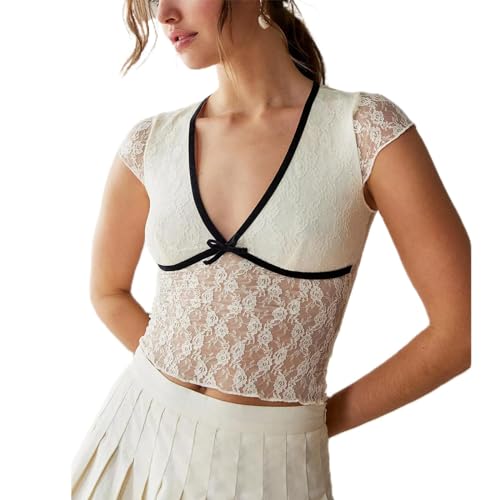 Women Y2K Floral Lace Crop Top Sexy See Through Sheer Mesh T