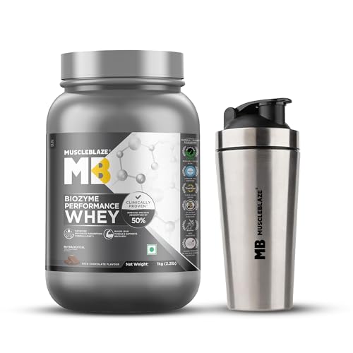 Image of MuscleBlaze Biozyme Performance Whey Protein Powder, 1kg + shaker | Rich Chocolate | 25g Protein Per Scoop | Includes 700ml Stainless Steel Gym Shaker
