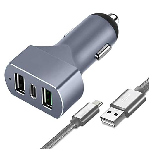Kit Me Out billaddare för LG G5 & 1M nylon flätad USB typ C-kabel, 7.8A 24V 36W [Metall] Snabb 3-port USB & typ C-port, QC 3.0 snabbladdning, cigarrettladdare adapter (grå)
