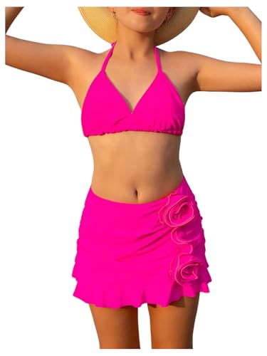 SweatyRocks Girl's Ruffle 3D Floral Halter Swimsuit Ruched 3 Piece Bathing Suit with Beach Skirts