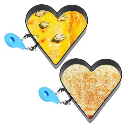 Egg Ring Egg Poacher 2Pcs Non-Stick 4 Inch Heart Shaped Egg Rings for Frying Eggs with Silicone Handle, Stainless Steel Egg Mold for Breakfast Sandwiches Griddle Crumpet Type 2
