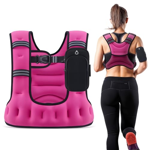 ZELUS Weighted Vest for Women Men, 6/8/12/16/20lb Weight Vest with Arm Pouch Reflective Strips, U-Shaped Rucking Vest for Strength Training Muscle Building, Walking Running Vest for Fitness, Pink