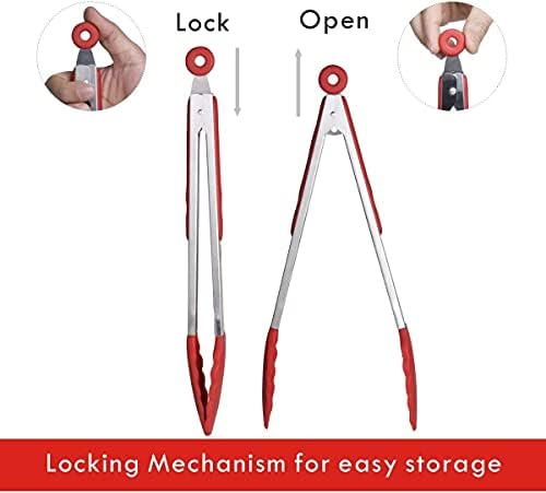 iNeibo Kitchen Tongs - Non-Slip Smart Locking Stainless Steel Cooking Tongs with Silicone Tips for Grilling BBQ Serving Salad Ice