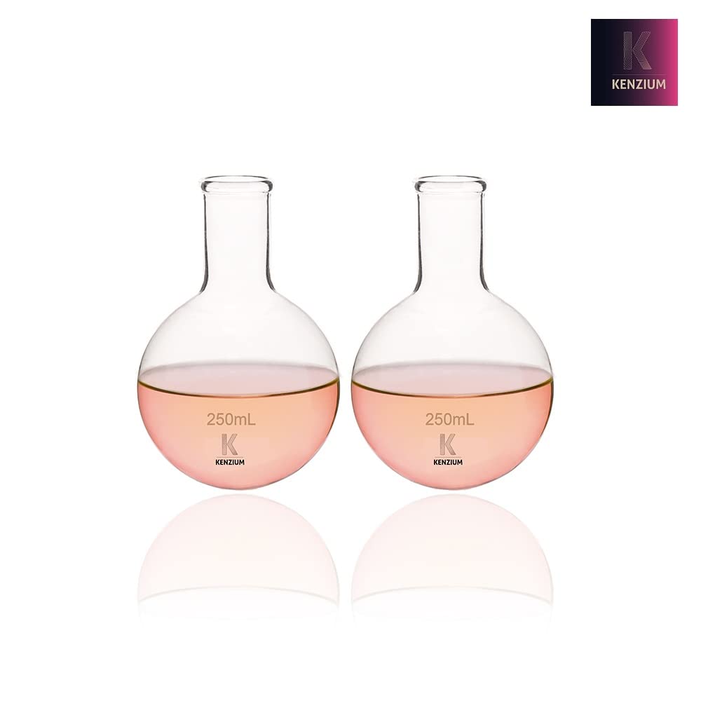KENZIUM - Pack de 2 Matraces Esféricos de Fondo Redondo + 1 Soporte para Balones | 250 ml | Vidrio Borosilicato 3.3 | Cuello Estrecho | Altamente Resistentes, Ideal para Ebullición