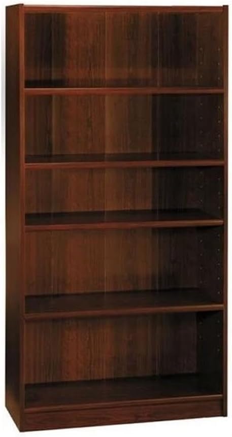 Pemberly Row 72" H 5 Shelf Wood Bookcase, Vogue Cherry Finish, Adjustable and Fixed Shelves, Elevated Bottom Shelf, Wall Attachment Hardware, Sturdy Storage for Home Office or Living Room Use
