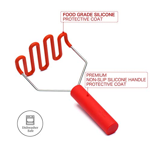 Jell-Cell Potato Masher - Silicone Protect Body With Premuim Stainless Steel Non-Scratch Cookware For Smooth Mashed Potato Vegetables And Fruits Color Red #TOP2