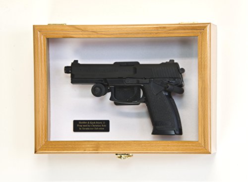 Single Pistol Display Case Wall Mount Solid Hardwood Cabinet (Oak Finish, White Felt Background)