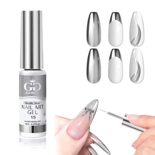 GOICC Metallique Vernis Gel Semi Permanent Chrome Vernis à Ongles 3D Effet Miroir 8ML Argent Vernis à Ongles Pailleté Liner Ongle Nail Art avec Pinceau Fin pour...