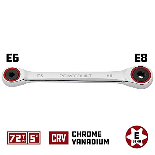 Image of Powerbuilt Ratcheting Double Box-End E-Star Wrench E6 /E8, 5 Degree Swing, 72 Tooth, Red Color Ring, Hand Tool 641759