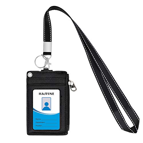 Image of ID Badge Holder with Lanyard,2 Sided 5 Card Slots ID Card Holder Wallet with PU Leather Zipper Pocket and Detachable Keychain Lanyard for Teens Men Women(Black)