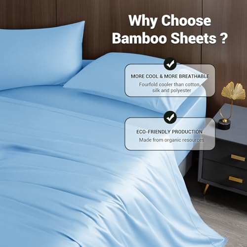 Image of Shilucheng 4 Piece Queen Sheet Sets, Cooling Sheets, Blend Rayon Derived from Bamboo, Deep Pocket Up to 16 inch, Breathable & Soft Bed Sheets, Hotel Silky Bedding Set, Lake Blue