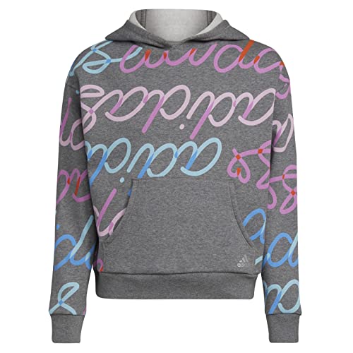 adidas Allover Print Fleece Hooded Pullover Kids', Charcoal with Multicolor, Medium