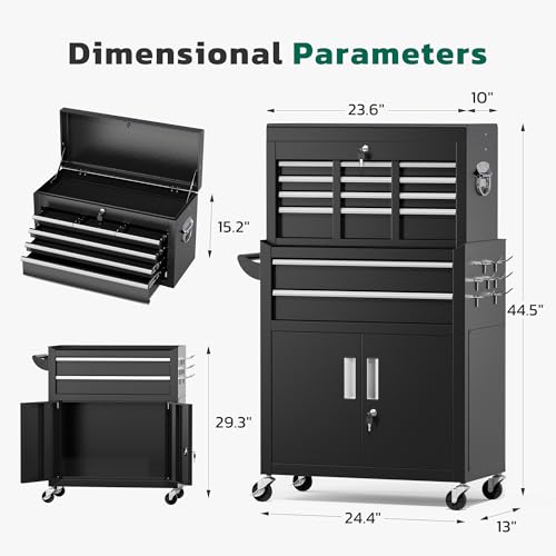 Greenvelly-8-Drawer-Rolling-Tool-Chest-Pre-Assembled-2-in-1-Detachable-Metal-Tool-Box-with-Wheels-Lockable-Steel-Tool-Chest-with-Drawer-Liners-Side-Hooks-for-Garage-Workshop-Repair-Room-Black
