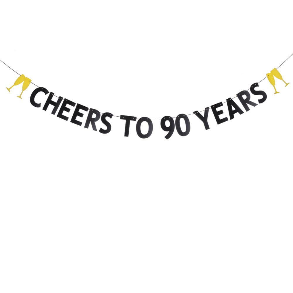 WEIANDBO Black Glitter Cheers to 90 Years Banner,Pre-Strung,90 Years Old 90th Birthday Party / 90th Wedding Anniversary Party Decorations Bunting Sign Backdrops Supplies,CHEERS TO 90 YEARS