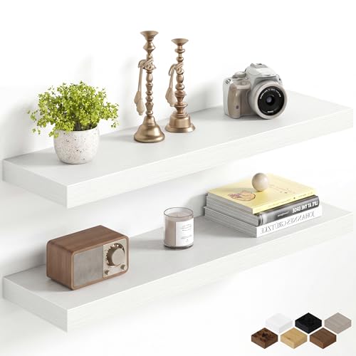 Image of Fun Memories 30Inch Floating Shelves for Wall, 8 Inch Deep Shelves for Bathroom|Bedroom|Kitchen Wall Mounted, Wood Hanging Shelf with Invisible Brackets for Home Storage Decor, White - 2 Pack