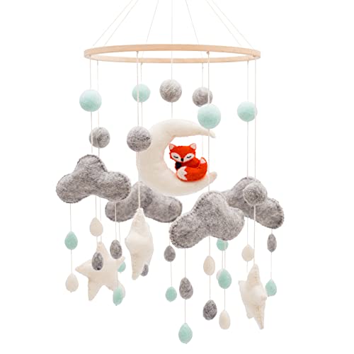 Image of GLACIART ONE Baby Nursery Woodland Mobile for Crib | Gender Neutral Mobile for Forest Theme Nursery Decor | Felt Hanging Fox & Moon Room Decorations Handmade from Natural Wool | Great Gift Idea