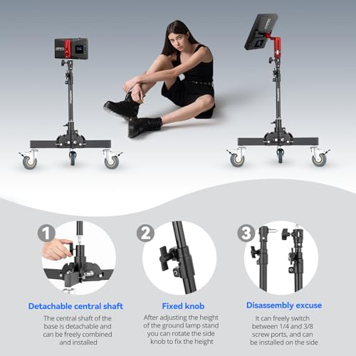 AMBITFUL 61-81cm/21-31.9" Heavy-Duty Wheeled Photography Light Stand with Adjustable Height -Foldable Design & 3 Locking Casters for Studio/Low-Angle Shooting, Softboxes & Studio Lights