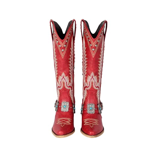 MSYIEVAD Knee High Cowboy Boots Women Rivet Western Cowgirl Boots with Metallic Buckle Turquoise (Red, 6 M US) by MSYIEVAD - Used condition - Image 4