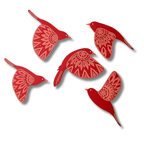 Image of GiftOday Wooden 3D 5 Pieces Birds for Wall Art Panel | Wood Bird Folk Art Wall Hanging Art Decoration Item for Living Room, Bedroom, Drawing Room, Dining Room & Office (Red) Pack of 1