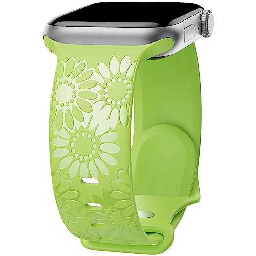 Image of Sunflower Engraved Band Compatible with Apple Watch Bands 38mm 40mm 41mm 42mm 44mm 45mm 49mm Women, Designer Soft Glossy Floral Silicone Strap for iWatch Series Ultra 11 10 9 8 7 6 SE 5 4 3 2 1