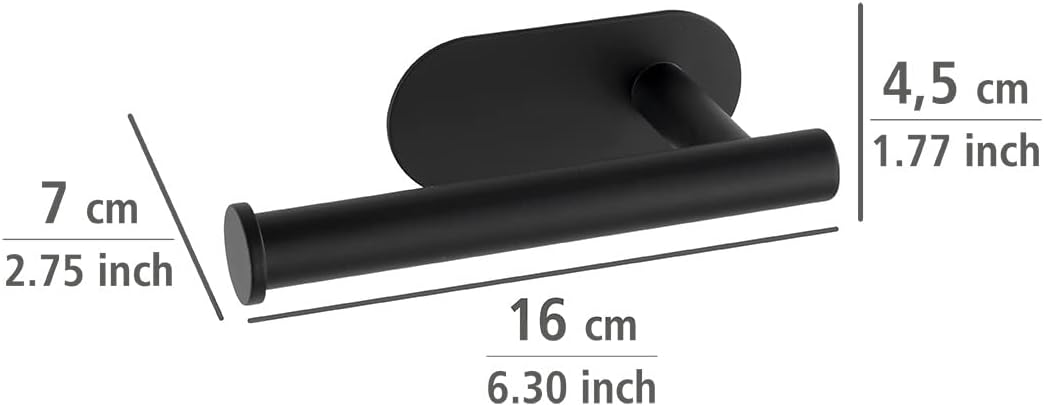 WENKO Turbo-Loc Stainless Steel Orea Toilet Roll Holder, No Drilling Required, 16 x 4,5 x 7 cm, Black