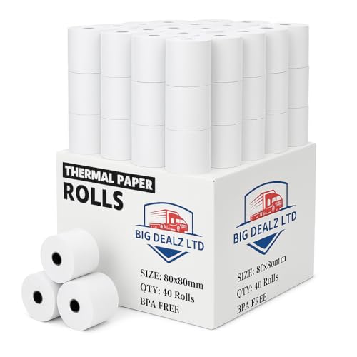 80 x 80mm x 12.7mm Premium Thermal Paper-Thermal Labels - Multi-Purpose Square Self-Adhesive - Till Rolls Suitable for EPOS Epson, Star, Samsung, Bixolon, POS Terminals (40 x Rolls)