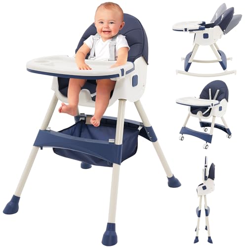 3-in-1 Foldable Baby High Chair Adjustable Convertible Feeding Chair Babies and Toddlers Portable Booster Seat Rocking Chairs Reclining Seat with PU Cushion and Double Tray
