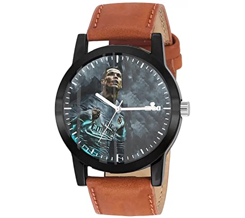 AROA New for Cristiano Ronaldo Blue Painting Model : 484 Black Metal Type Analog Brown Strap Black Dial for Men Stylish for Boys