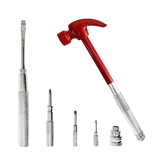 Red 6 in 1 Multitool Mini Hammer & Screwdriver Set - Camping Hand Tools with Metal Hammer Head