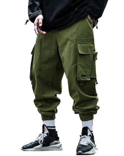ORANDESIGNE Hombre Pantalones Cargo de Hip Hop Casuales Hebilla Correas Pantalones Techwear D Ejercito Verde 3XL con Múltiples Bolsillos Niños Streetwear