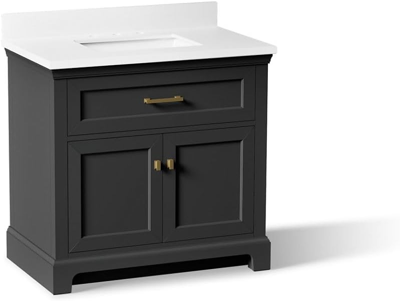 Kohler Charlemont 36" Bathroom Vanity Cabinet with White Sink and Quartz Top, Modern Bathroom Storage, Dark Warm Grey, K-29261-BD1-DWG
