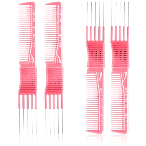 Patelai 4 Pcs Teasing Combs with Metal Picks Lift for Women Hair, Pink