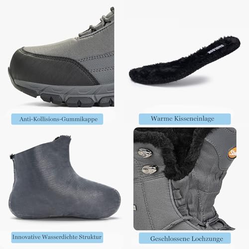 SHULOOK Winterstiefel Herren Wasserdicht Warm Gefüttert Winterschuhe Herren Schneestiefelrutschfeste Hohe Wanderschuhe Outdoor Schuhe Winter für Wandern Arbeiten Camping (Grau EU 43)