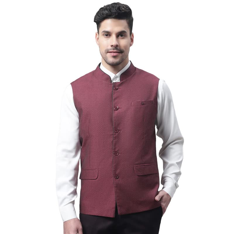 cantabil Men's Self Design Burgundy Mandarin Collar Waist Coat-picture-10