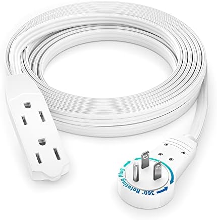 Maximm Cable 12 Ft 360° Rotating Flat Plug Extension Cord/Wire, 16 AWG Multi 3 Outlet Extension Wire, 3 Prong Grounded Wire - White - UL Certified
