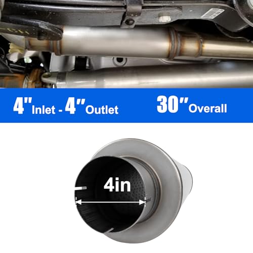 Floshine 4\'\' Exhaust Muffler, 4\'\' inlet/outlet, Universal 30\'\' Overall Stainless Steel Straight Through Design, Resonator Muffler - Thumbnail 6
