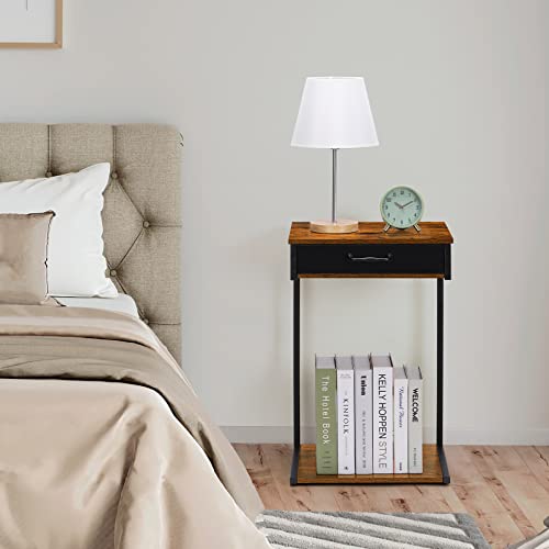 Abq Side Table End Table, C Shaped Tv Tray Table With Fabric Drawer, Vintage Side Table For Laptop, Sofa, Living Room, Bedroom (Brown) #TOP6