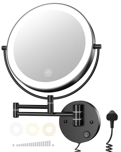 Gospire 9” Wall Mounted Lighted Makeup Vanity Mirror with 3 Color Lights & Stepless Dimming, 1X/10X Magnifying LED Double Sided Bathroom Touch Sensor Extendable Arm 360° Swivel Shaving Cosmetic Mirror