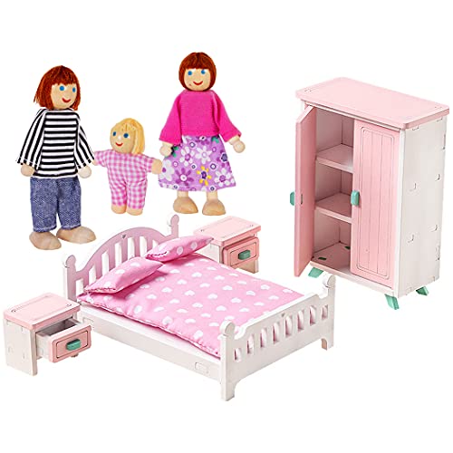 Mini Wooden Dollhouse House Bedroom Furniture Set Accessories Include Bed Wardrobe Beside Cupboard With A Family Of 3-Dolls For Kids Gift #TOP7